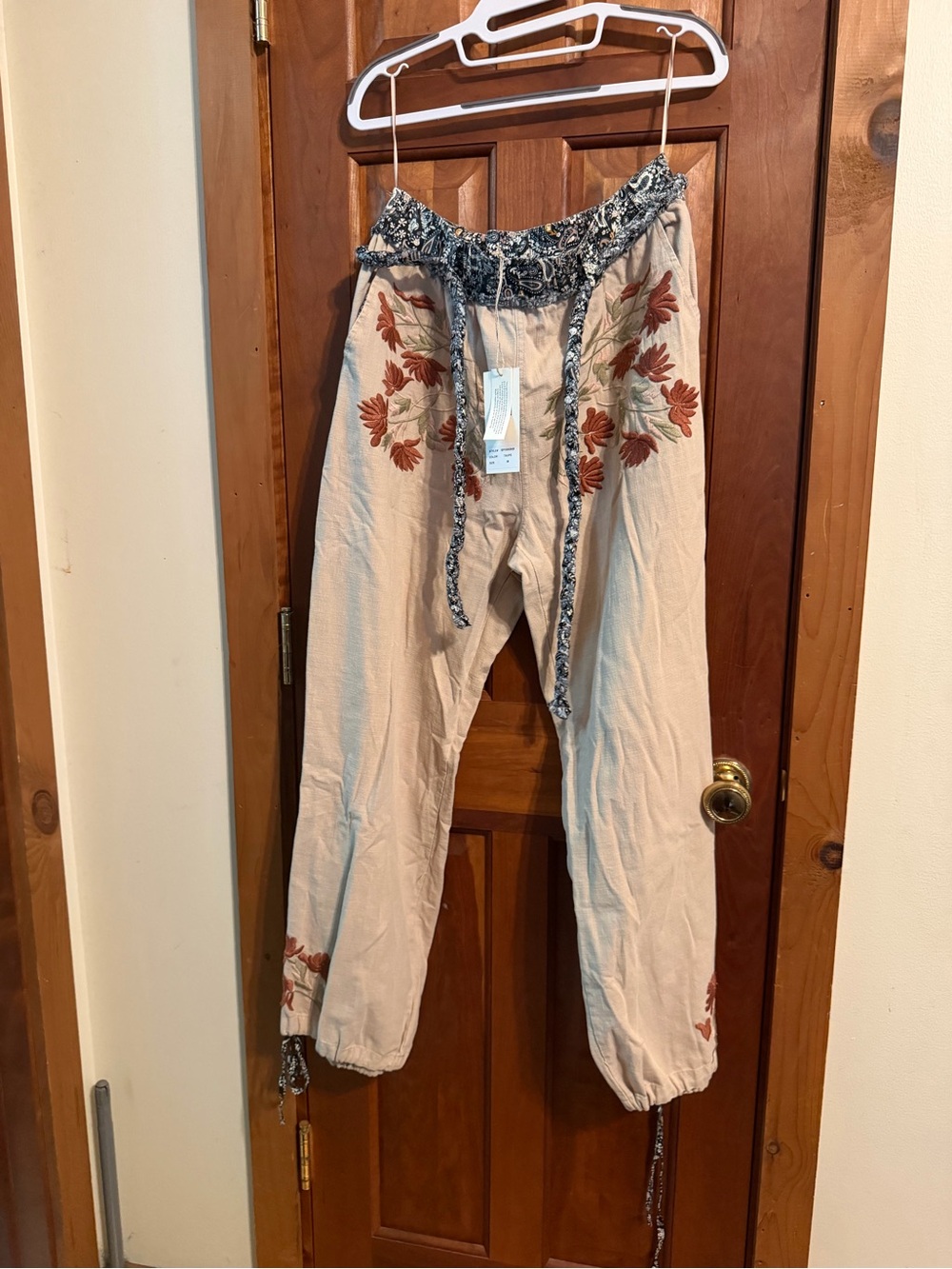 Blue Velvet Embroidered Boho Drawstring Pants in Beige with Rust Floral